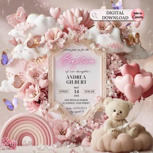 3D Girl Evite Baptism, Girl Invitation, Pink Floral Baptism Invitation Electronic Baptism, Girl Angel Digital Baptism Invite, Canva Template