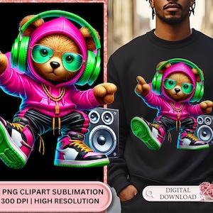 Neon Hip Hop Teddy Bear svg, Hip Hop Teddy Bear svg, PNG Clipart Design, PNG Clipart for T-Shirts, Vibrant Neon Hip Hop Teddy Bear SVG dtf