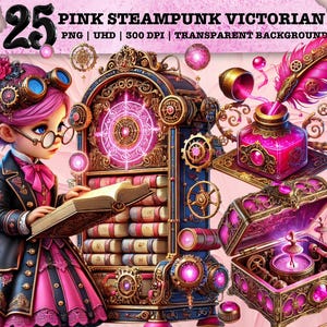 Różowy Steampunk Clipart, Romantyczny Wiktoriański PNG, Magiczna Sztuka Książki, Gotycka Sublimacja, Fantastyczna Estetyka, Koła Zębate, Projekt Użytku Komercyjnego