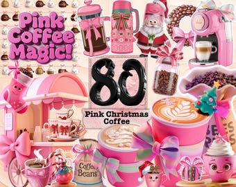 Pink Christmas Coffee Coquette Clipart, Coffee Planner Clipart, Pink Bow Clipart, Pink Coffee Craft PNG, Commercial Use Clipart Transparent