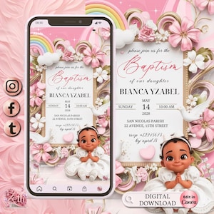 3D Girl Evite Baptism, Girl Invitation, Pink Floral Baptism Invitation Electronic Baptism, Girl Angel Digital Baptism Invite, Canva Template