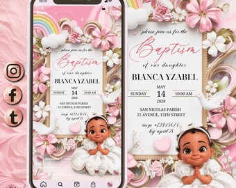 3D Girl Evite Baptism, Girl Invitation, Pink Floral Baptism Invitation Electronic Baptism, Girl Angel Digital Baptism Invite, Canva Template