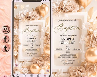 3D Girl Evite Baptism, Girl Invitation, Boho Floral Baptism Invitation Electronic Baptism, Girl Angel Digital Baptism Invite, Canva Template