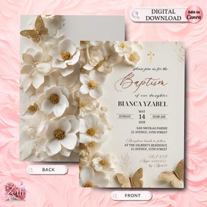 Boho Girl Baptism Invitation Template, Printable Christening Invite, Floral Baptism Card, Baby Girl Baptismal, Instant Download Canva