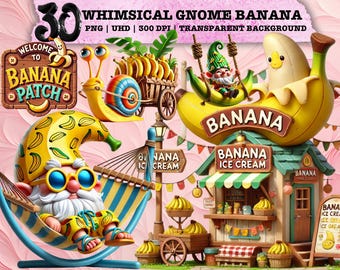 Whimsical Banana Gnome Clipart, Cute Fruit PNG, Summer Market Art, Tropical Sublimation, Farmhouse Aesthetic, Commercial Use Design
