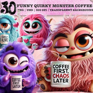 Imágenes prediseñadas de monstruo de café divertido, conjunto de PNG peculiares, arte humorístico con taza adorable, sublimación de cafeína, diseño de criatura colorida, PNG para uso comercial