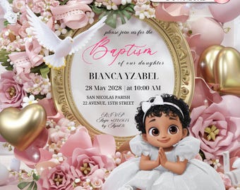 3D Girl Evite Baptism, Girl Invitation, Pink Floral Baptism Invitation Electronic Baptism, Girl Angel Digital Baptism Invite, Canva Template