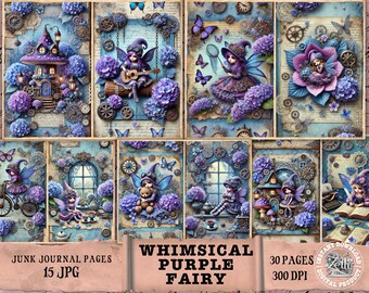 Whimsical Purple Fairy Junk Journal Kit, Romantic Purple Junk Journal Paper Fantasy Fairy Junk Journal Printable Page Digital Collage Sheet