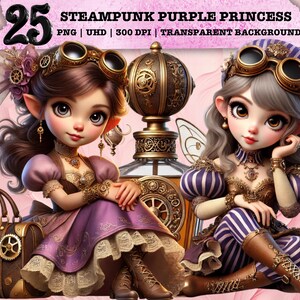 May include: Digital artwork of two steampunk princesses, each with large eyes, wearing goggles and purple and brown Victorian-style outfits. The image includes a decorative handbag and a mechanical device. Text at the top reads "STEAMPUNK PURPLE PRINCESS".