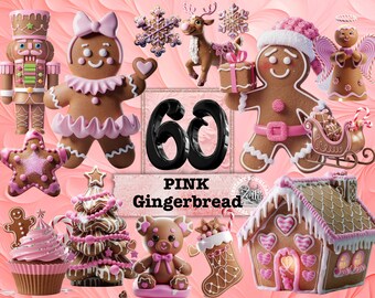 Pink Gingerbread Clipart, Christmas Clipart, Festive Clipart, Christmas PNG, Commercial Use Clipart Transparent PNG Pink and White Christmas
