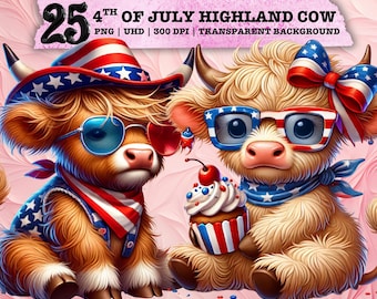 4 juli Highland Cow PNG, patriottische koe clipart, landbouwhuisdieren sublimatie, rustieke USA print, schattige koe afbeelding, commercieel gebruik ontwerp