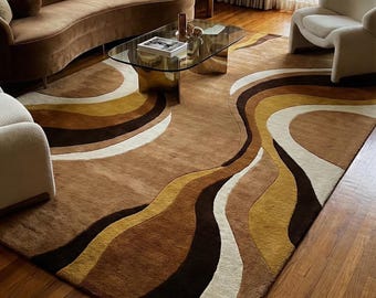 Modern Abstract Swirl Area Rug, Mid Century Boho Carpet, Rust Red Beige Blue Rug, Living Room Decor, Soft Plush Floor Rug, Home Decor Rug