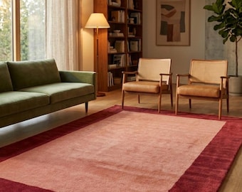 Pink Area Rug with Red Border, Minimalist Modern Rug, Scandinavian Living Room Carpet, Hand Tufted Wool Rug, Contemporary Home Decor Rug