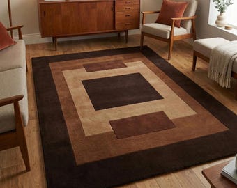 Modern Geometric Brown Area Rug, Neutral Beige Living Room Carpet, Handmade Wool Rug, Contemporary Minimalist Floor Rug, Large Bedroom Rug
