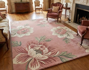 Elegant Floral Wool Area Rug, Classic Rose Pattern Carpet, Hand Tufted Luxury Pink Living Room Rug, Vintage Style Floor Decor