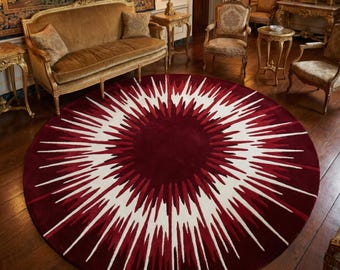 Round Sunburst Rug Red & White 5X5 6X6 7X7 8X8 Hand Tufted Wool Area Rug, Modern Abstract Carpet for Living Room, Luxury Home Decor Rug