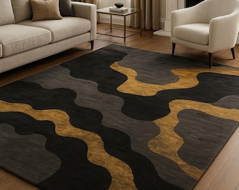 Hand Tufted Black Gold Abstract Wool Rug 7X10 8X10 Modern Luxury Designer Carpet for Living Room | Contemporary Wave Pattern Area Rug