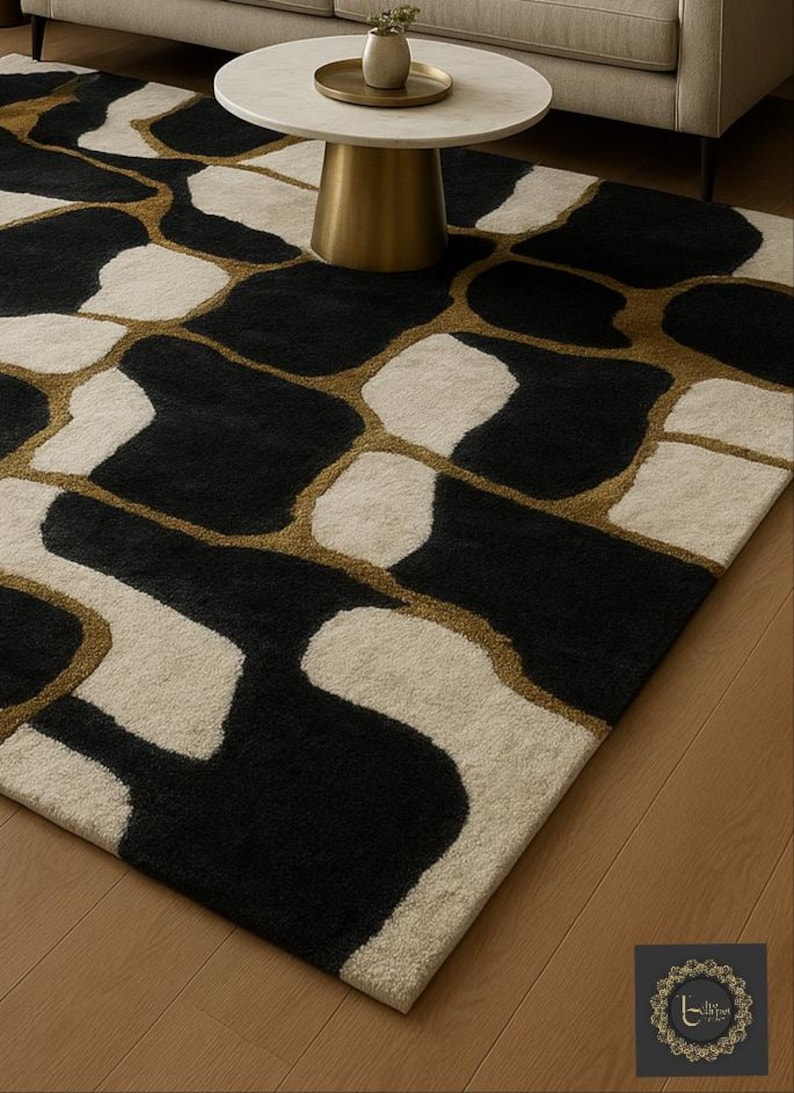 Modern Black and Cream Abstract Wool Rug | Handmade Tufted Geometric ...