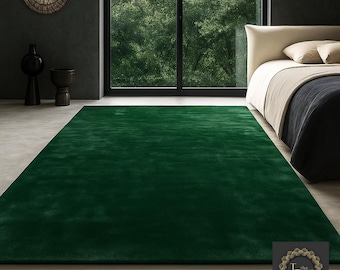 Dark Green Wool Rug 7X10 8X10 Hand-Tufted Solid Carpet | Luxury Modern Area Rug | Custom Size Wool Carpet for Living Room & Bedroom Décor