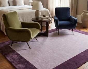 Lavender Area Rug, Purple Border Rug, Minimalist Bedroom Rug, Hand Tufted Wool Rug, Contemporary Living Room Carpet, Custom Size Rug