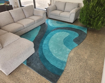 Modern Abstract Area Rug Blue 7X10 8X10 9X12 Hand Tufted Wool Carpet, Contemporary Wave Design Rug for Living Room, Luxury Home Decor Rug