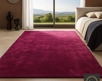 Dark Pink Solid Carpet | Luxury Hand-Tufted Wool Rug for Living Room & Bedroom | Modern Minimalist Area Rug | Custom Size Soft Floor Carpet