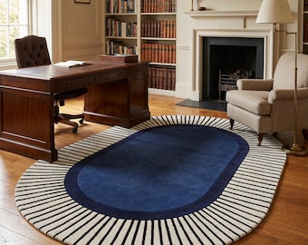 Blue and White Striped Oval Area Rug 8x10 Modern Geometric Living Room Home Decor Navy Ivory Contemporary Bedroom Large