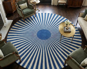Round Sunburst Rug Blue & White 5X5 6X6 7X7 8X8 Hand Tufted Wool Area Rug, Modern Striped Carpet for Living Room, Luxury Home Decor Rug