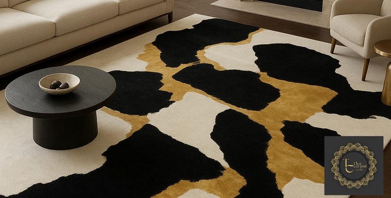 May include: A large area rug with a bold, abstract design. The rug features large black and gold shapes against a cream-colored background. A dark round coffee table and a cream-colored sofa are in the background.