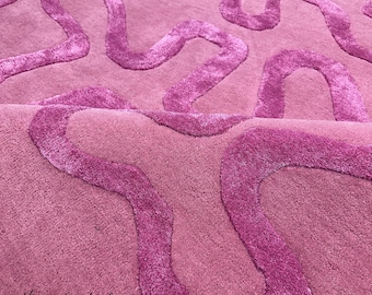 Pink Aesthetic Wavy Rug, Handmade Tufted Carpet, Modern Abstract Area Rug, Soft Bedroom Rug, Trendy Home Decor