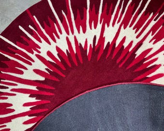 Round Sunburst Rug Red & White 5X5 6X6 7X7 8X8 Hand Tufted Wool Area Rug, Modern Abstract Carpet for Living Room, Luxury Home Decor Rug