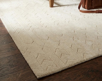 Neutral Ivory Wool Rug, Minimalist Hand Tufted Carpet, Modern Geometric Area Rug, Soft Plush Living Room Rug, Beige Scandinavian Decor