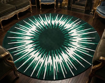 Green Abstract Round Rug, Modern Sunburst Circle Rug, Handmade Tufted Area Rug, Contemporary Living Room Carpet, Large Statement Floor Decor