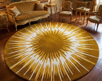 Round Sunburst Area Rug – Modern Gold & White Abstract Carpet, Hand Tufted Wool Rug for Living Room, Luxury Home Decor Rug