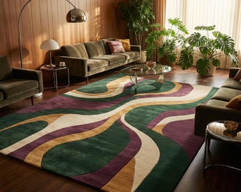 Abstract Wavy Design Rug, Green Cream Mustard Carpet, Modern Living Room Rug, Artistic Area Rug, Large 8x10 Rug