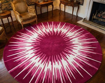Pink Abstract Round Rug, Modern Sunburst Circle Rug, Handmade Tufted Area Carpet, Contemporary Living Room Rug, Large Statement Floor Decor