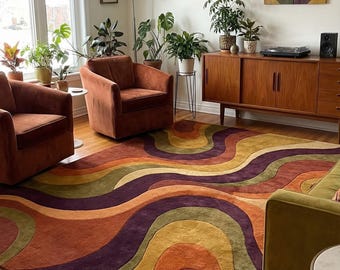Modern Abstract Wave Rug, Retro 70s Style Carpet, Rust Mustard Green Area Rug, Living Room Statement Rug, Handmade Soft Pile Rug