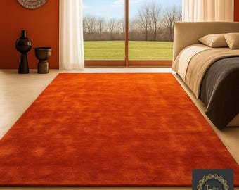 Solid Orange Wool Rug 5X7 5X8 7X10 8X10 Hand-Tufted Modern Carpet for Living Room & Bedroom | Custom Size Minimalist Area Rug