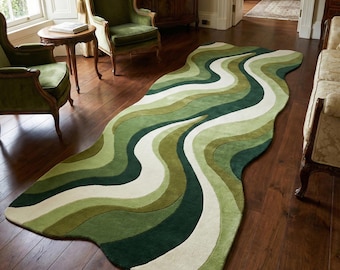 Green Abstract Runner Rug, Hand Tufted Wool Carpet, Organic Wavy Shape Rug, Sage & Forest Green Modern Hallway Floor Decor Rug