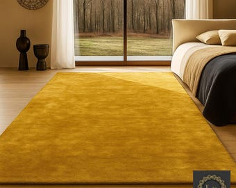 Mustard Yellow Wool Rug 7X10 8X10 Hand-Tufted Solid Carpet | Modern Yellow Area Rug | Soft Wool Floor Rug for Living Room & Bedroom Decor
