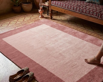 Blush Pink Area Rug, Dusty Rose Border Rug, Minimalist Wool Rug, Modern Living Room Carpet, Hand Tufted Bedroom Rug, Soft Luxury Area Rug