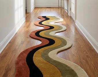 Wavy Runner Rug, Abstract Curved Rug, Hallway Runner Rug, Boho Long Rug, Mid Century Modern Floor Mat, Handmade Tufted Rug, Entryway Decor