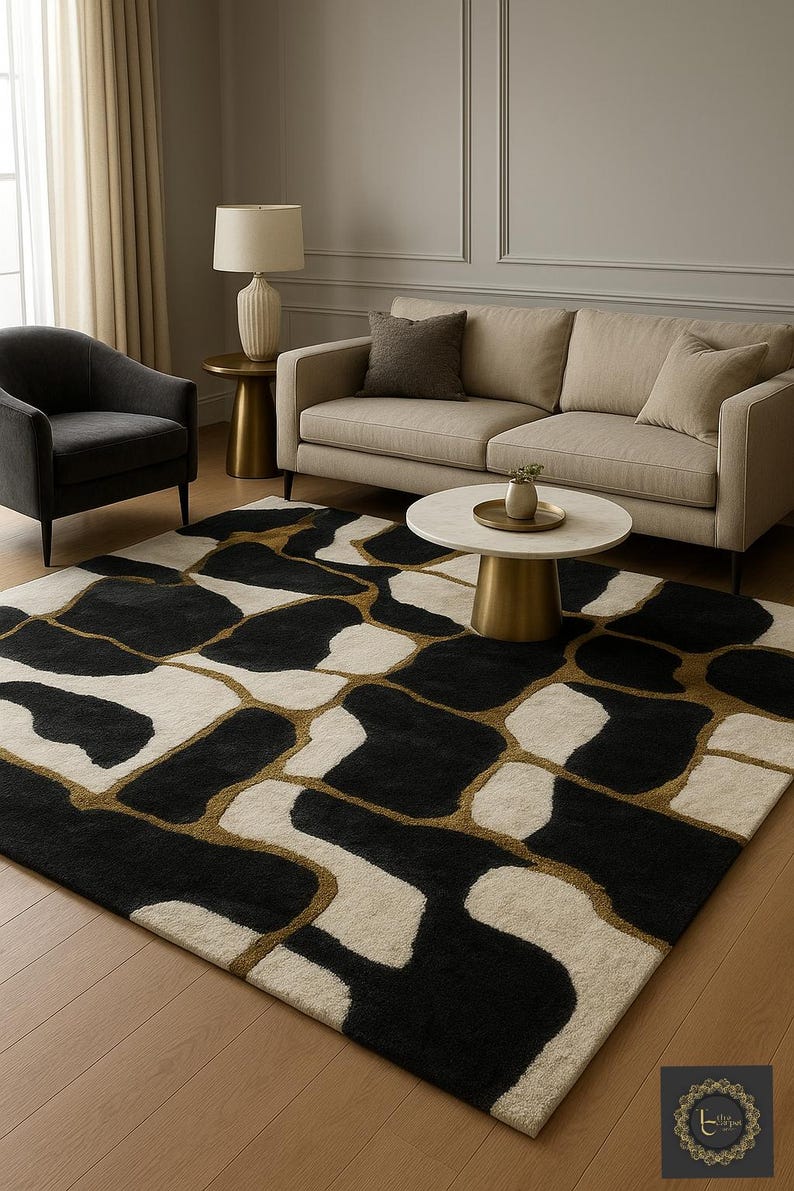 Modern Black and Cream Abstract Wool Rug | Handmade Tufted Geometric ...