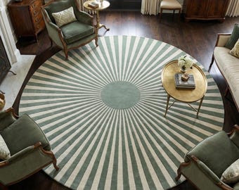 Round Sunburst Rug Sage Green & White 5X5 6X6 7X7 8X8 Hand Tufted Wool Area Rug, Modern Striped Carpet for Living Room, Luxury Home Decor