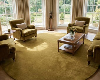 Luxury Round Area Rug – Solid Golden Mustard Carpet, Handmade Soft Plush Modern Living Room Rug, Elegant Home Decor