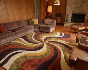 Abstract Spiral Rug Mid Century Modern, Retro Colorful Area Rug, Handmade Tufted Carpet, Boho Living Room Decor, Statement Floor Rug