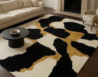 Handmade Modern Abstract Wool Rug | Black Gold Ivory Designer Tufted Carpet | Contemporary Large Area Rug for Living Room & Bedroom Decor