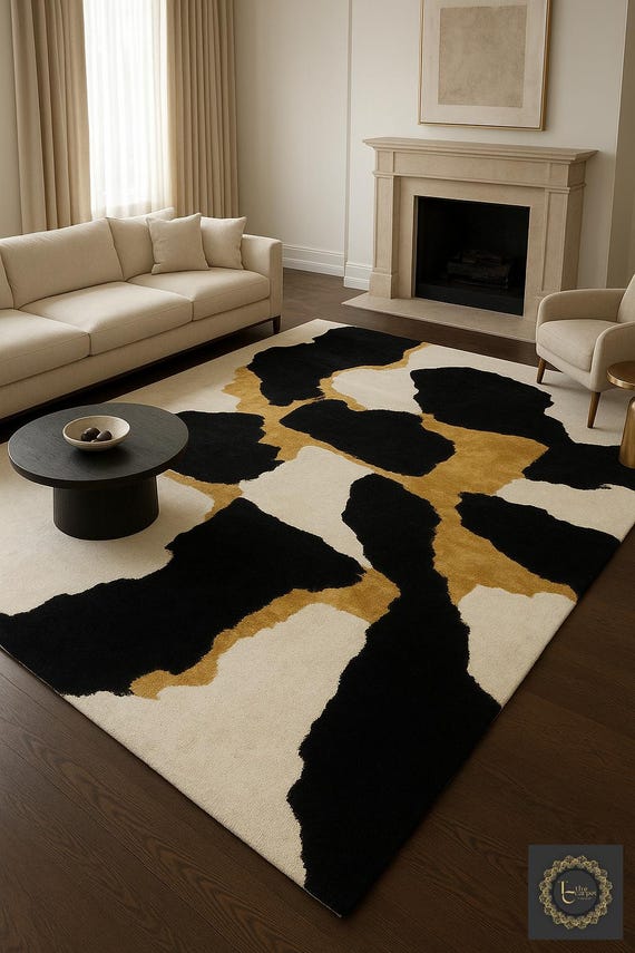 Handmade Modern Abstract Wool Rug | Black Gold Ivory Designer Tufted Carpet | Contemporary Large Area Rug for Living Room & Bedroom Decor