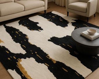 Modern Abstract Wool Rug 5X7 5X8 7X10 Hand-Tufted Beige Black Gold Designer Carpet for Living Room & Bedroom | Luxury Contemporary Area Rug