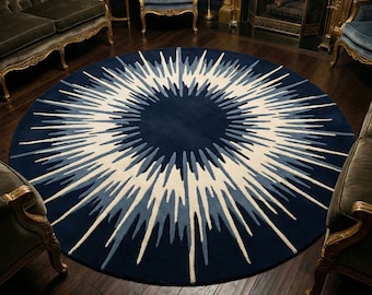 Navy Blue Round Rug Sunburst Design 5X5 6X6 7X7 8X8 Handmade Luxury Area Rug, Modern Starburst Carpet for Living Room Bedroom Decor Rug